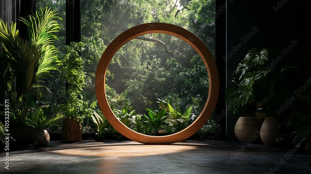 Poster wooden circle frame in front of a window with a lush jungle view.