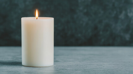 Serene Candlelight: A single, ivory pillar candle burns brightly against a moody, textured teal backdrop.  Its soft glow evokes feelings of peace and tranquility. 