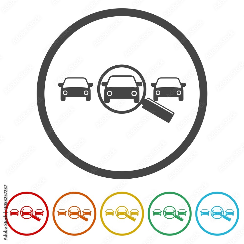 Poster magnifying glass and a car icon. set icons in color circle buttons