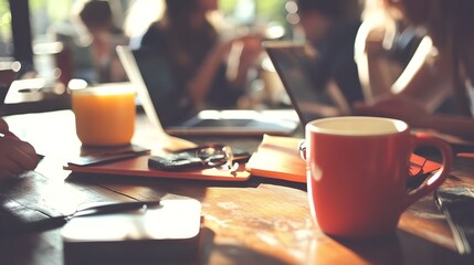 Group of coworkers having a casual yet productive meeting at a trendy cafe with laptops and coffee cups scattered across the table as they discuss and collaborate on business matters