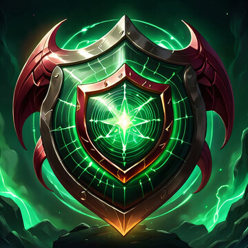 A green shield with a glowing star inside and red wings on the sides. It is set against a dark green background with faint light streaks.