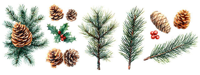 Coniferous twigs, red berries, pine cones, spruce cones on a white background.