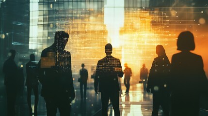Network background concept with business people silhouette working in the office. Double exposure and network effects. 