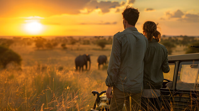 Fototapeta Tourist couple on an African safari to view wildlife in an open grassy field as the sun comes up