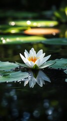 A white lily gracefully drifting on the calm water of a forest pond, surrounded by greenery