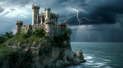 Dramatic 3D rendered fantasy castle perched on a rugged cliffside overlooking a stormy turbulent sea with dark ominous clouds and bolts of lightning striking in the distance  The grand