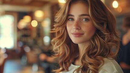 Young Woman with Wavy Hair and Freckles Smiling Indoors