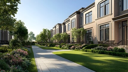 Fototapeta premium A 3D rendered luxury townhouse featuring sleek modern architecture a private garden and a stone pathway leading to the elegant front door creating a tranquil and inviting living space