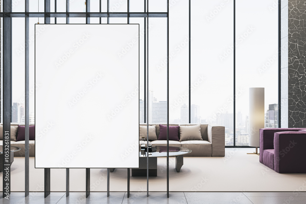 Poster modern spacious waiting area with empty white mock up banner, couches and coffee table in modern off
