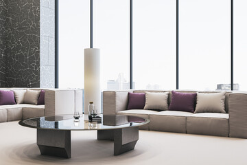 Contemporary empty spacious waiting area with couches and coffee table in modern office interior with panoramic windows. 3D Rendering.