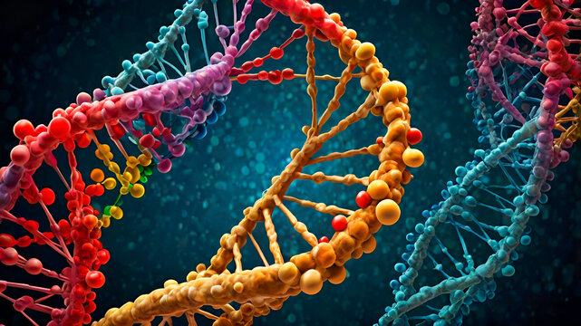 Intricate Human DNA Molecule Illustration with Double Helix Structure &ndash; Vibrant Depiction of Sugar-Phosphate Backbones and Nucleotide Bases in Both Scientific and Artistic Styles