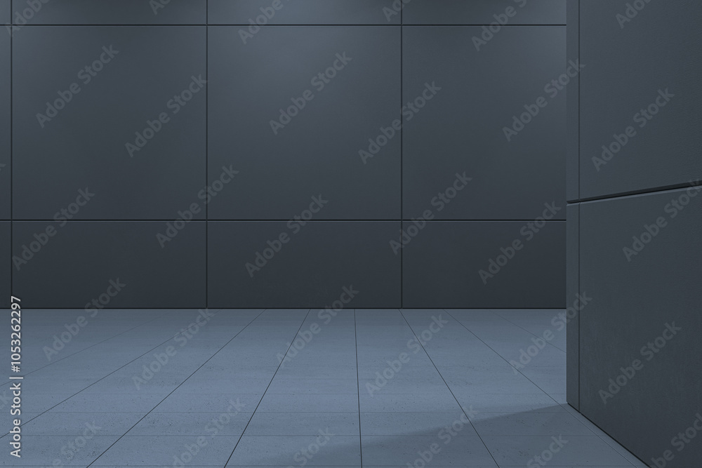 Poster Empty dark spacious interior with mock up place. 3D Rendering.