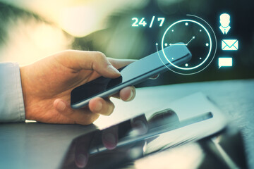 247 clock nonstop service concept. Nonstop business internet technical support work. Close up of...