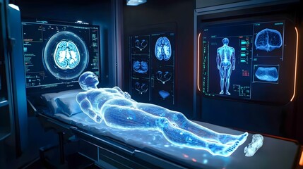 Cutting Edge 3D Rendered Medical Imaging Device Scanning Patient s Body with Holographic Representations of Internal Structures Displayed Nearby for Advanced Diagnostic Analysis and Healthcare