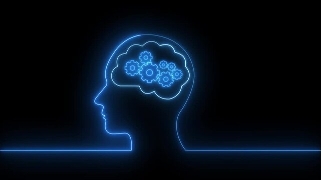 Neon icon with silhouette human head and settings gears icon. Gears with bright glowing futuristic lights. Male person silhouette. 4K Video motion graphic animation.