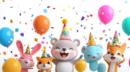 Cartoon animal birthday card with cute baby animals, balloons, and hearts