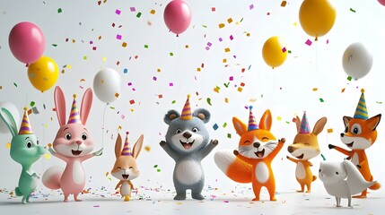 Naklejka premium Cartoon animal birthday card with cute baby animals, balloons, and hearts