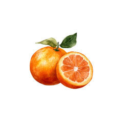 Illustration of a tangerine with leaves on a white background.