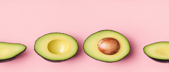 A vibrant display of halved avocados on a pink background, showcasing their creamy texture and contrasting seed.