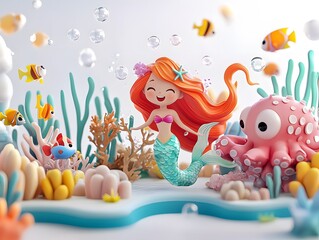 Naklejka premium imaginative 3D cartoon underwater scene on a white background.
