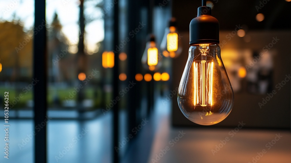 Poster close-up of a glowing light bulb hanging from the ceiling with a blurred background of a modern inte
