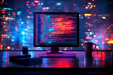 Vibrant coding on display: neon computer infused with cityscape lights
