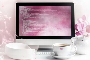 Creative workspace with computer code on screen and coffee cup in soft pink aesthetic