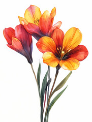 Naklejka premium red and yellow tulips, watercolor floral bouquet illustration, isolated on a white background 