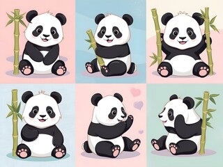 Naklejka premium Kawaii Panda Characters in Different Angles and Actions