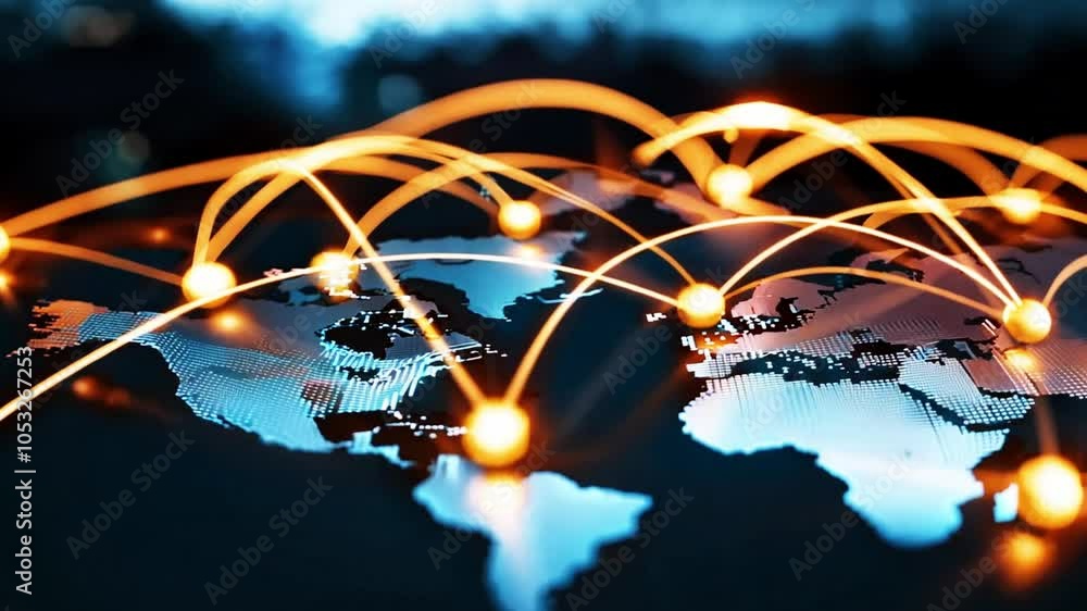 Poster global network connection: illuminated pathways connecting continents symbolize global interconnecte
