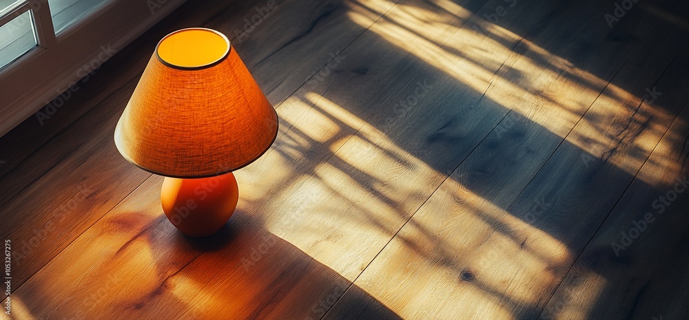 Poster a lamp with a yellow shade sits on a wooden floor with sunbeams shining through a window.