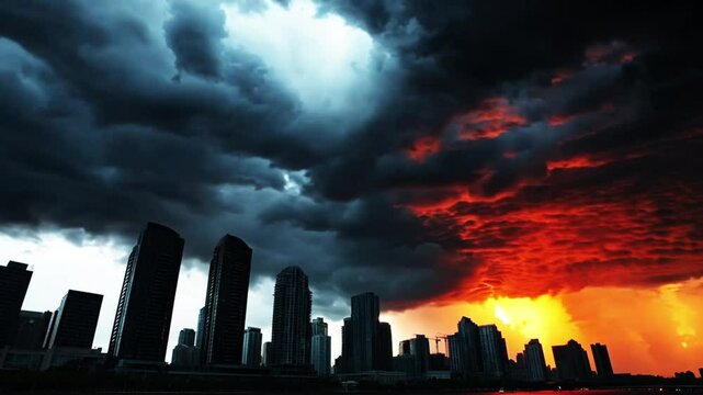 Cityscape Storm: A dramatic sky of fire and shadow casts an ominous silhouette over the city, creating a captivating image of duality and resilience.