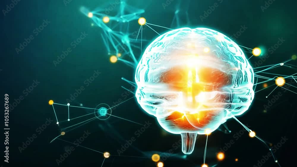 Poster brainpower: illuminated by a radiant glow, a translucent brain is intricately connected to a network