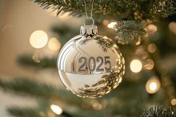 2025, New Year concept. A close-up of an elegant Christmas tree ornament with the numbers "2025" engraved on it, soft bokeh lights and greenery background. 3d Illustrations