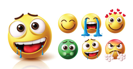 Emoji hungry emoticon character vector set. Emojis  drooling, starving and licking facial expression with emoticons cute smile, crying, in love, sick, hungry and angry faces icon character collection.