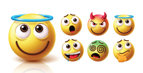 Emoji angel emoticon character vector set. Emojis compassionate and friendly faces with yellow emoticons character like shock, devil, kind, craving, dizzy and thinking facial expressions elements 