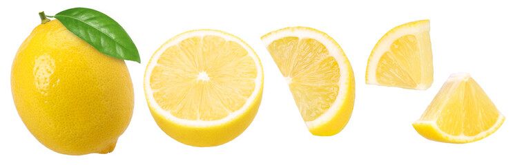 ripe lemon fruit with leaves, piece and half isolated, Fresh and Juicy Lemon, transparent PNG, cut...