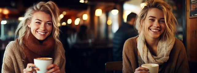 Smiling women drinking coffee at restaurant bar