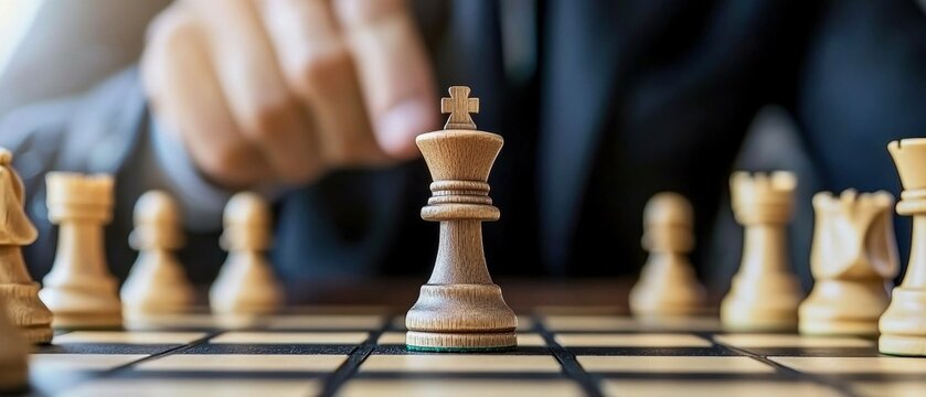 Close-up of a chess game in progress, with a focus on the king piece and a blurred hand making a move.