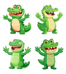 Fototapeta premium Cheerful alligator cartoon characters vector artworks. Reptile smiling joyful green hugs mascot cute friendly amusing playful animals artwork isolated illustrations