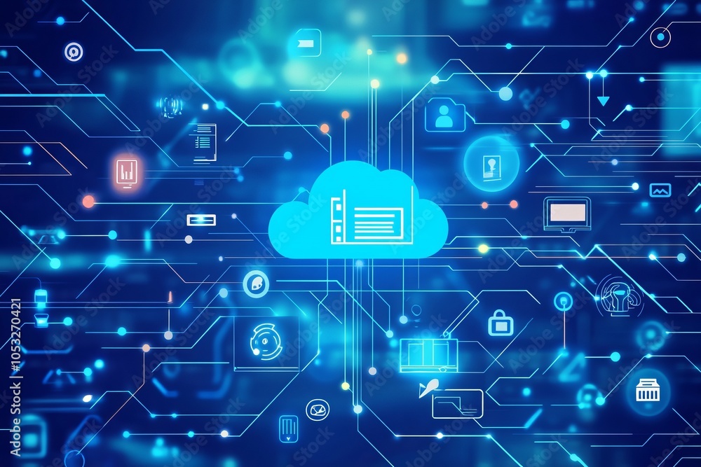 Poster illustration of a digital system with interconnected devices and cloud computing