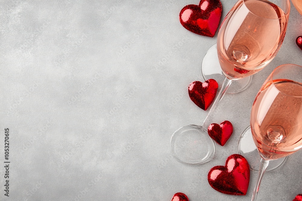 Wall mural sanvalentin background, two glasses of pink sparkling liquid next to vibrant red hearts.