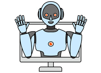 PCから飛び出るシンプルなアンドロイド型ロボットのイラスト