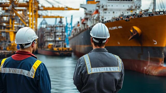 Dockworkers Observing Cargo Ship, shipping, harbor, port, container ship, maritime