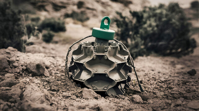 anti personnel landmine explosive device on a rocky desert battlefield