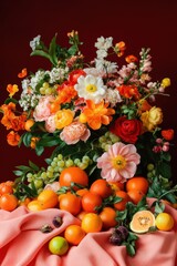 Classic Still Life Arrangement with Elegant Flowers and Fruits