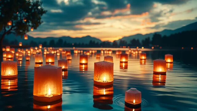 Floating Lanterns on Water at Sunset, sky lanterns, wish lanterns, water lanterns, paper lanterns, twilight