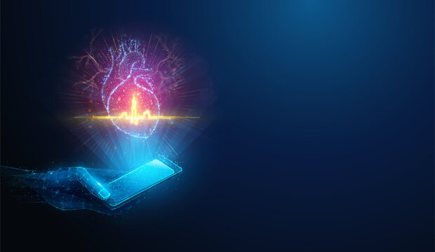 Abstract illustration of low poly smartphone with human heart hologram made of neon particles. Geometric background depicting heart healthcare and health monitoring medical concept by wireframe mesh