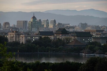Obraz premium Beijing CBD Skyline during sunset, blue hour, China