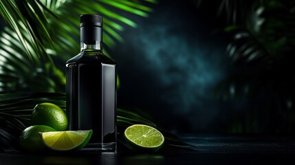 A bottle of dark alcohol with limes and palm leaves in front of a dark blue background.